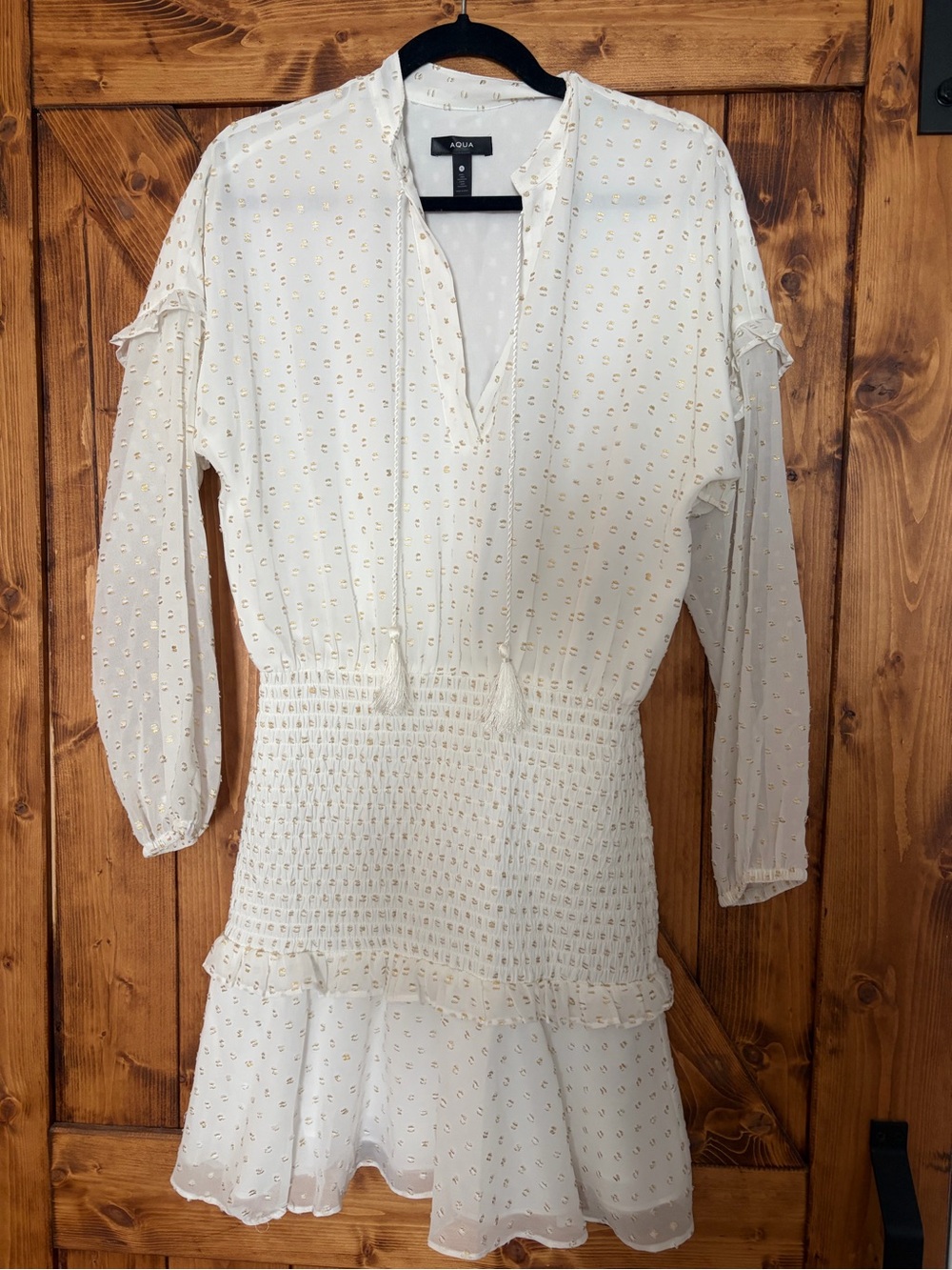 Bloomingdale’s Aqua White Dress with Gold Dot Accents